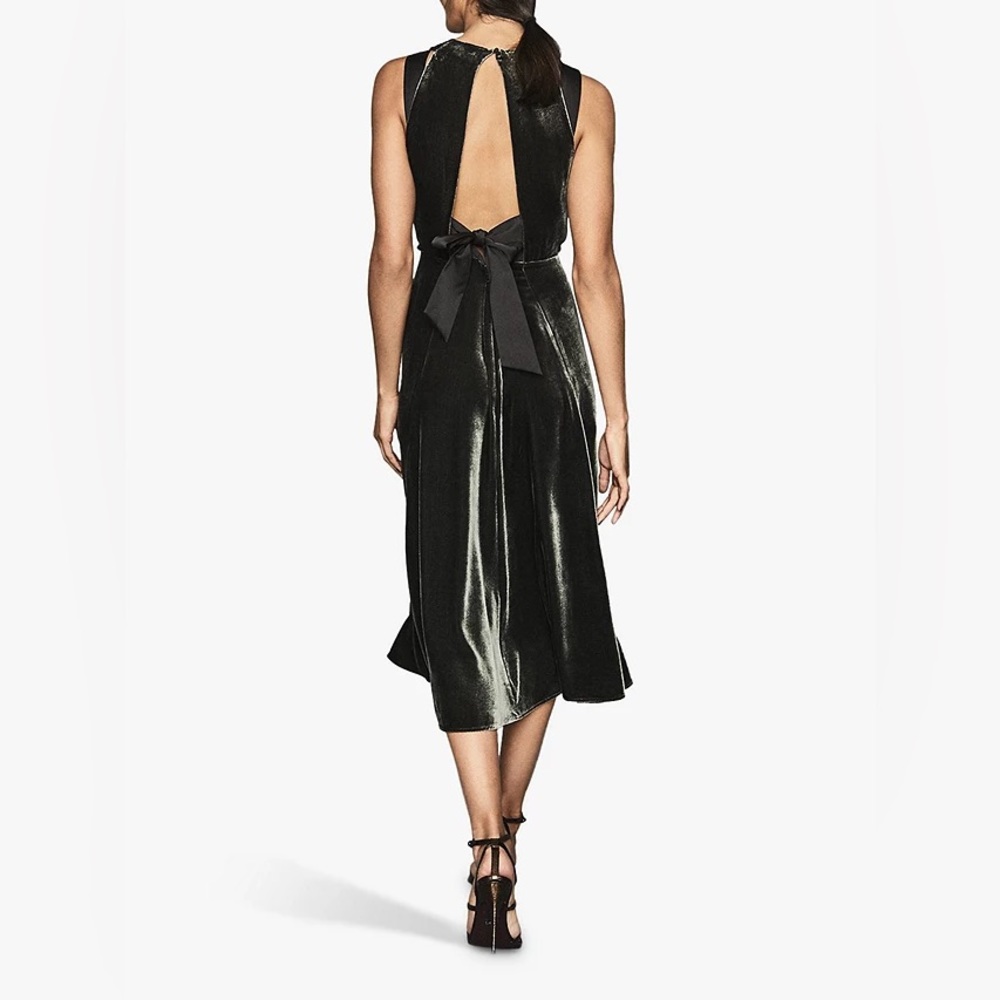 Reiss Olive-Green Velvet Midi Dress - Picture 2 of 7